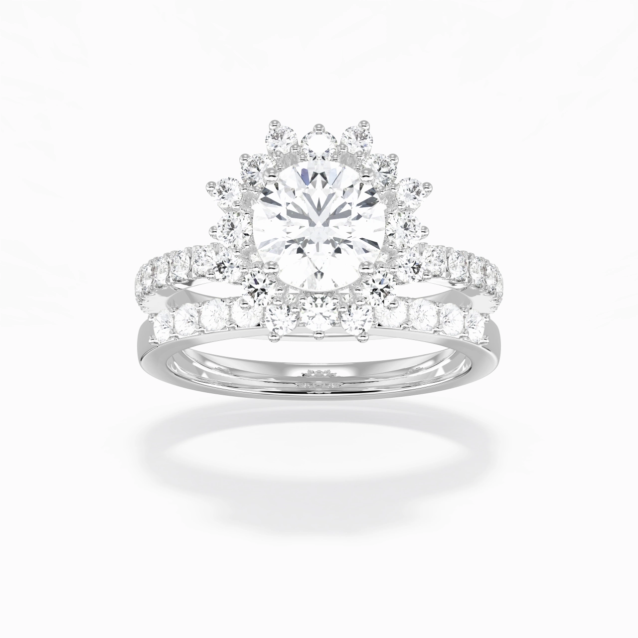 925 Sterling Silver Halo Cluster Straight Shank Wedding Ring Set