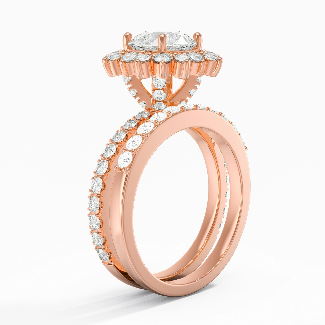 18K Rose Gold Halo Cluster Straight Shank Wedding Ring Set