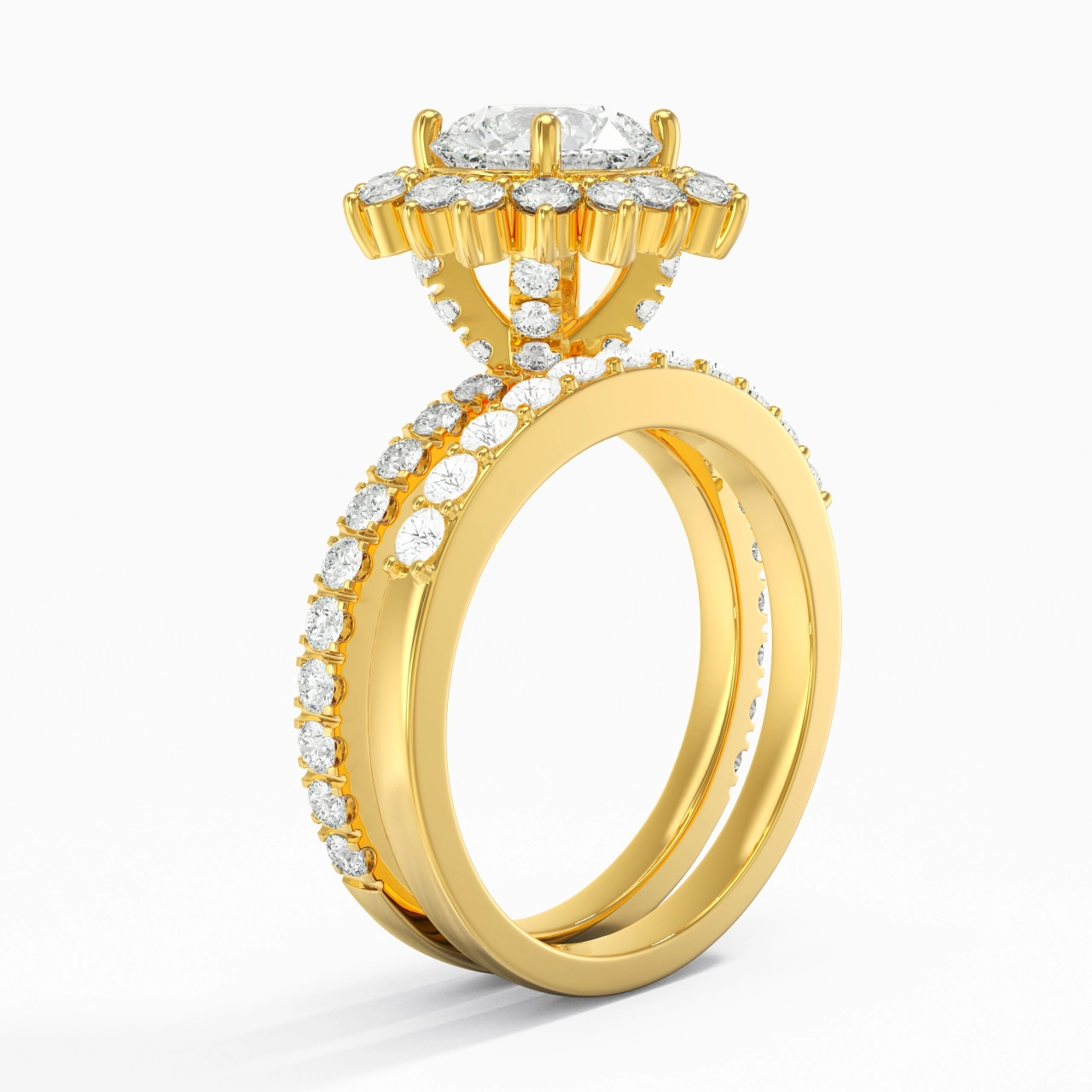 14K Gold Halo Cluster Straight Shank Wedding Ring Set