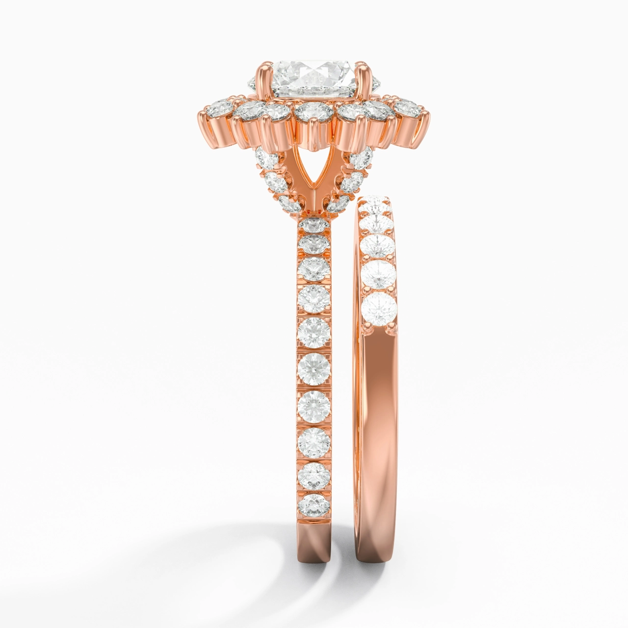 18K Rose Gold Halo Cluster Straight Shank Wedding Ring Set