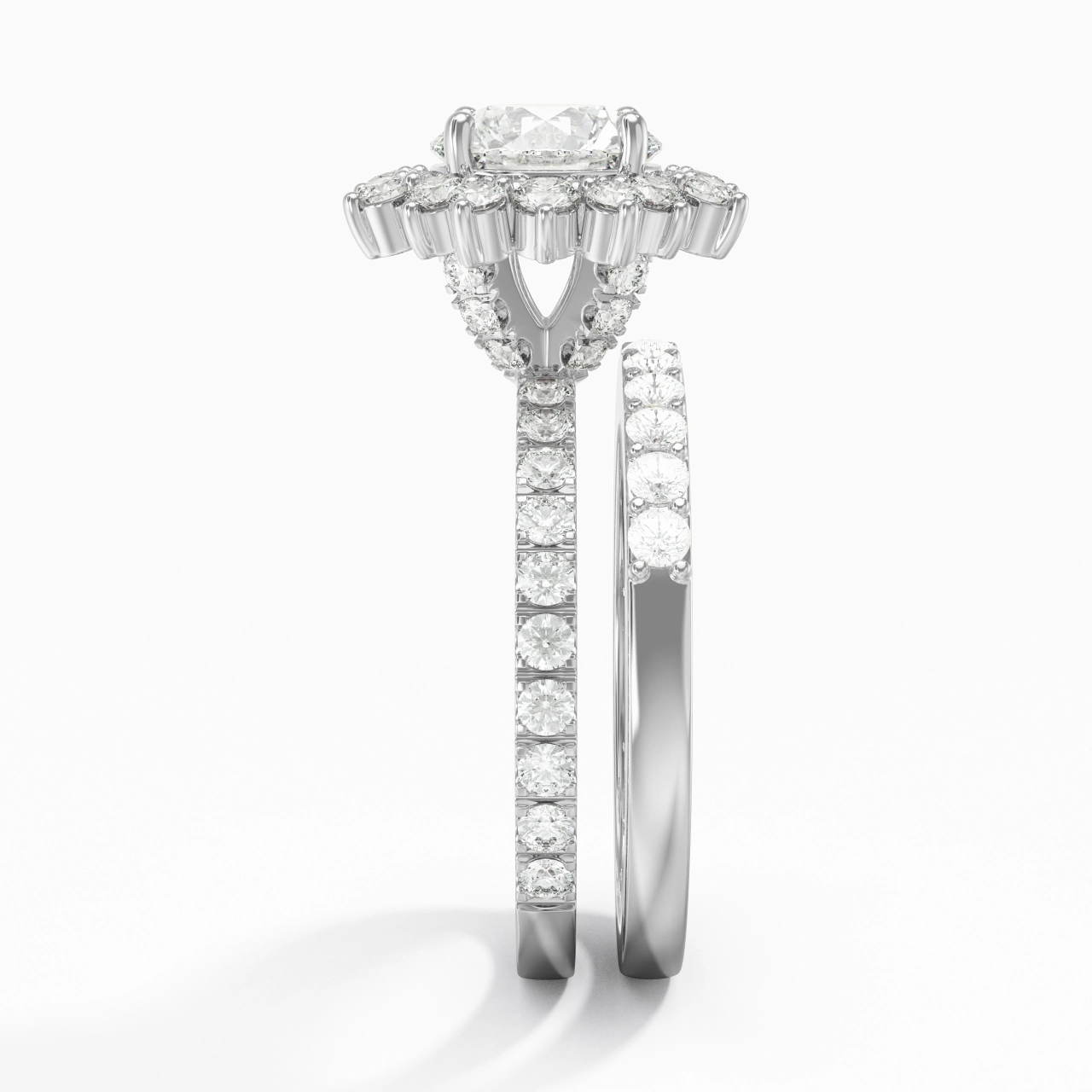 925 Sterling Silver Halo Cluster Straight Shank Wedding Ring Set