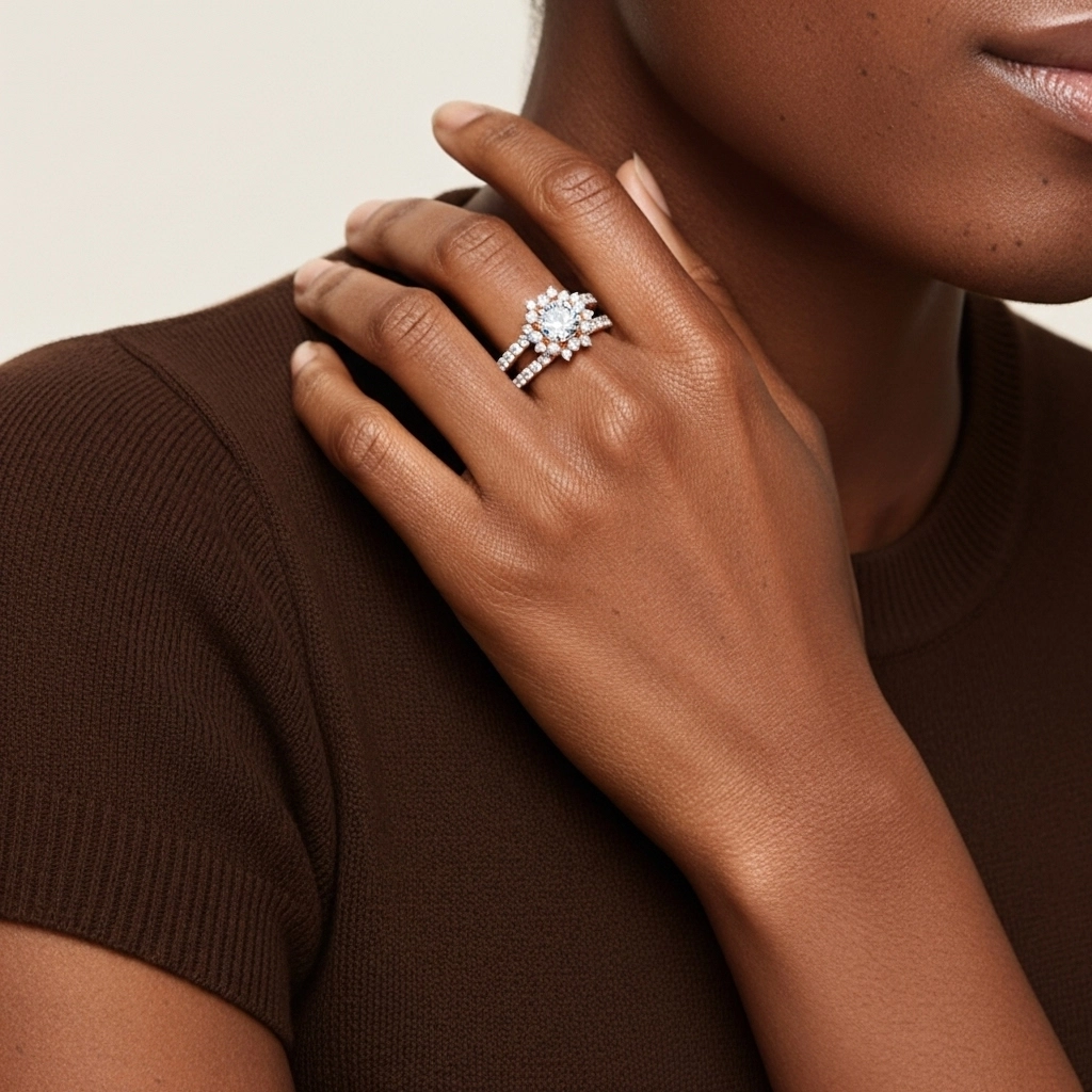 925 Sterling Silver Halo Cluster Straight Shank Wedding Ring Set