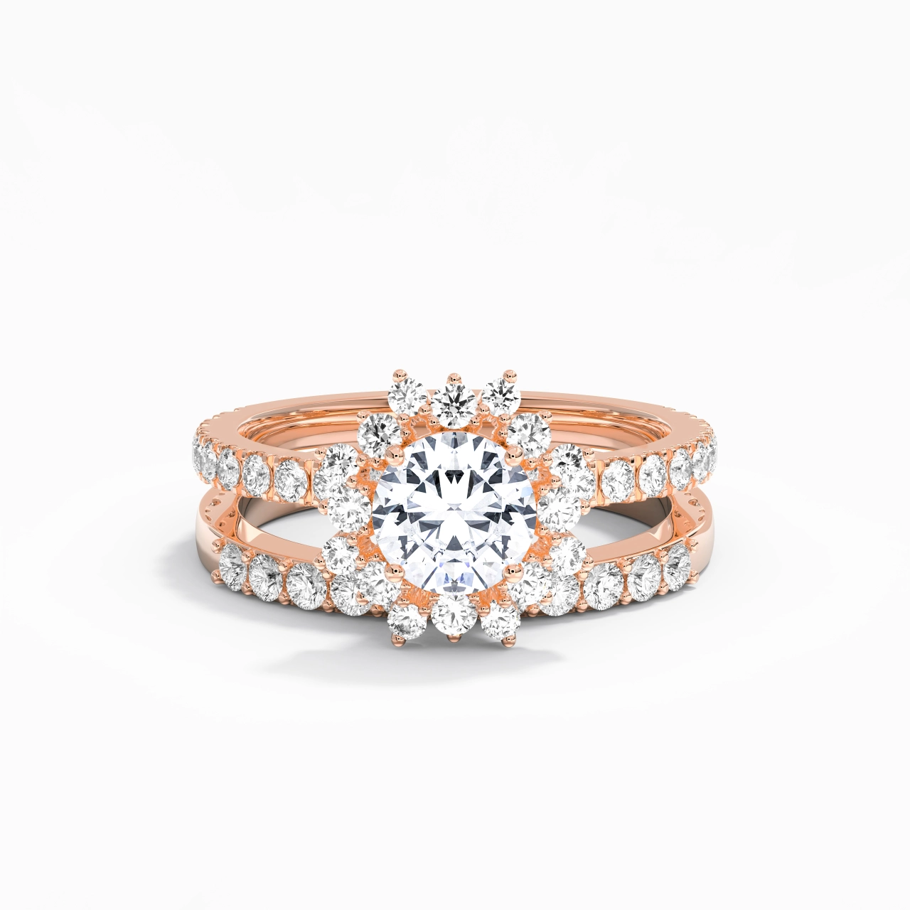 925 Sterling Silver Halo Cluster Straight Shank Wedding Ring Set