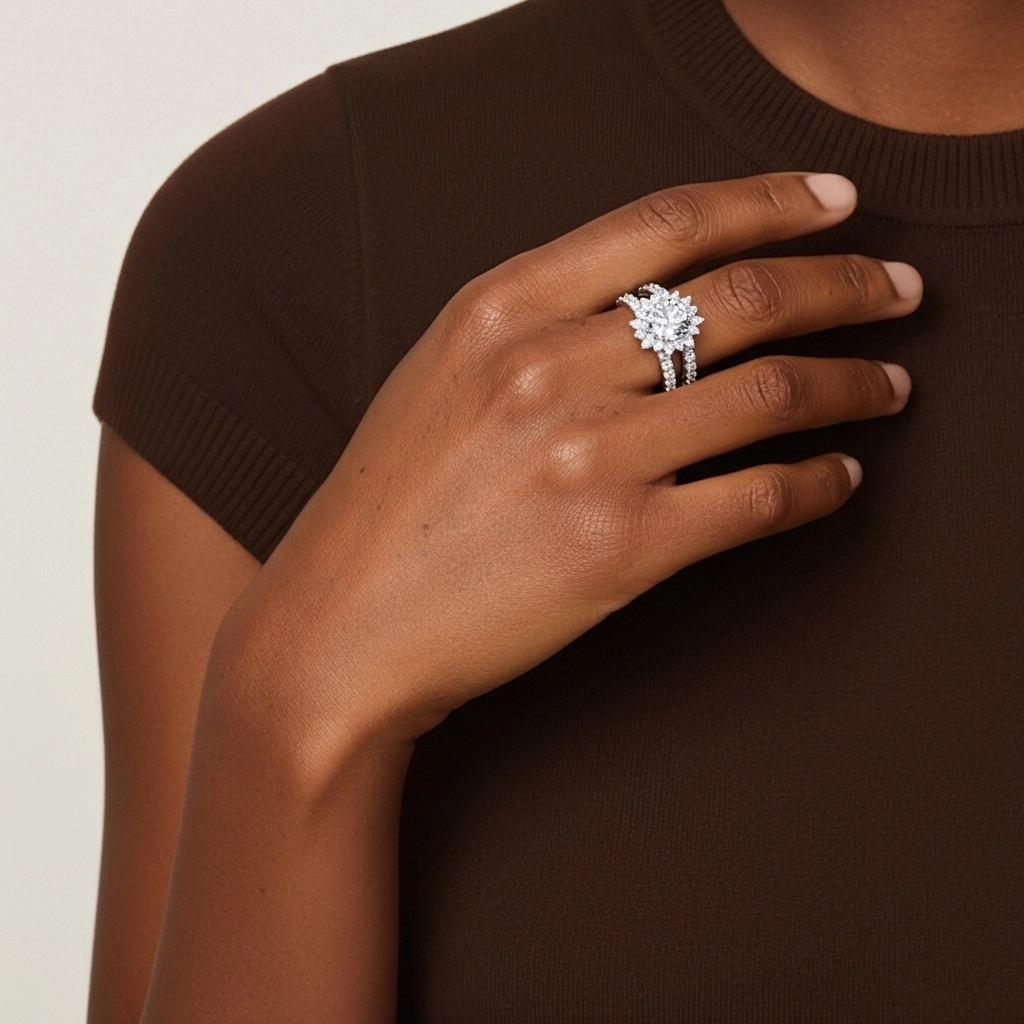 18K White Gold Halo Cluster Straight Shank Wedding Ring Set