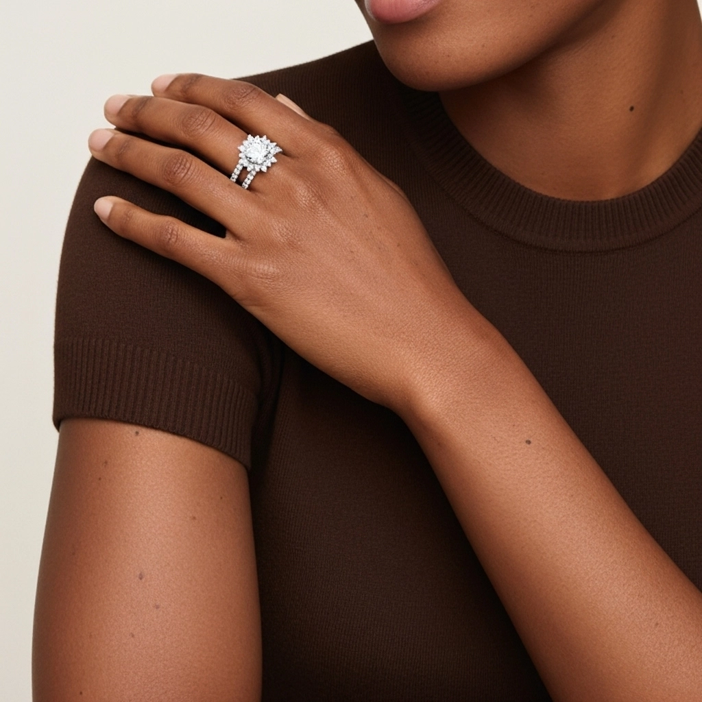 18K White Gold Halo Cluster Straight Shank Wedding Ring Set