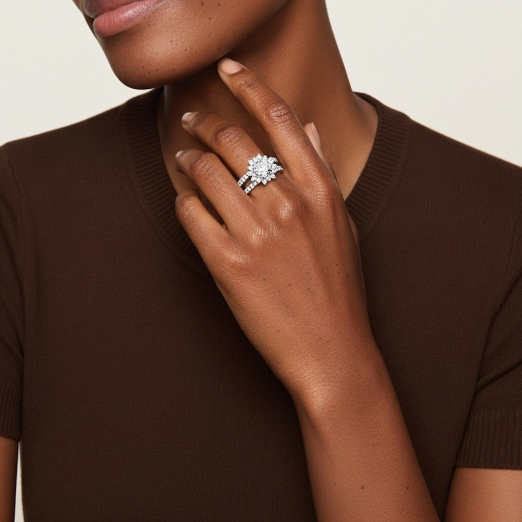 18K White Gold Halo Cluster Straight Shank Wedding Ring Set