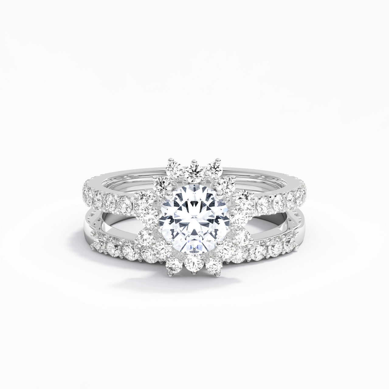 Platinum Halo Cluster Straight Shank Wedding Ring Set