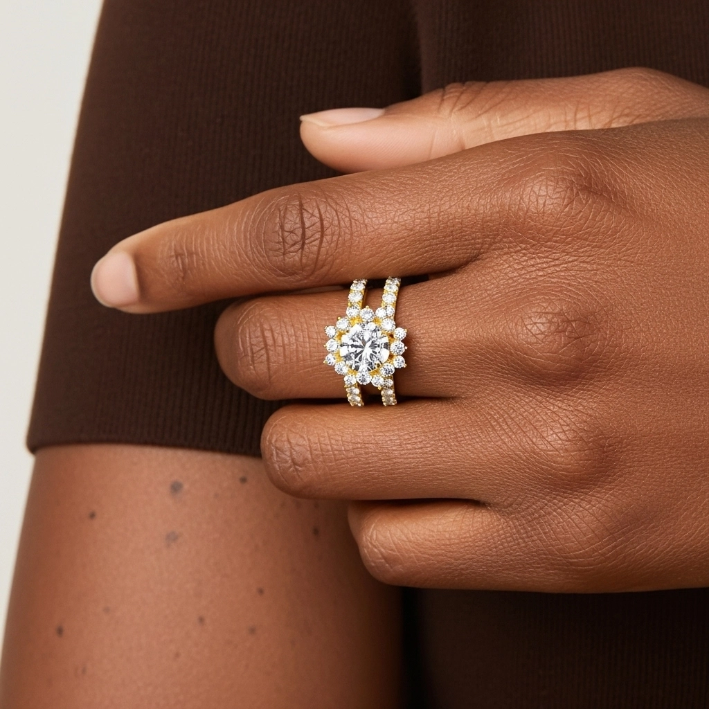 14K Gold Halo Cluster Straight Shank Wedding Ring Set