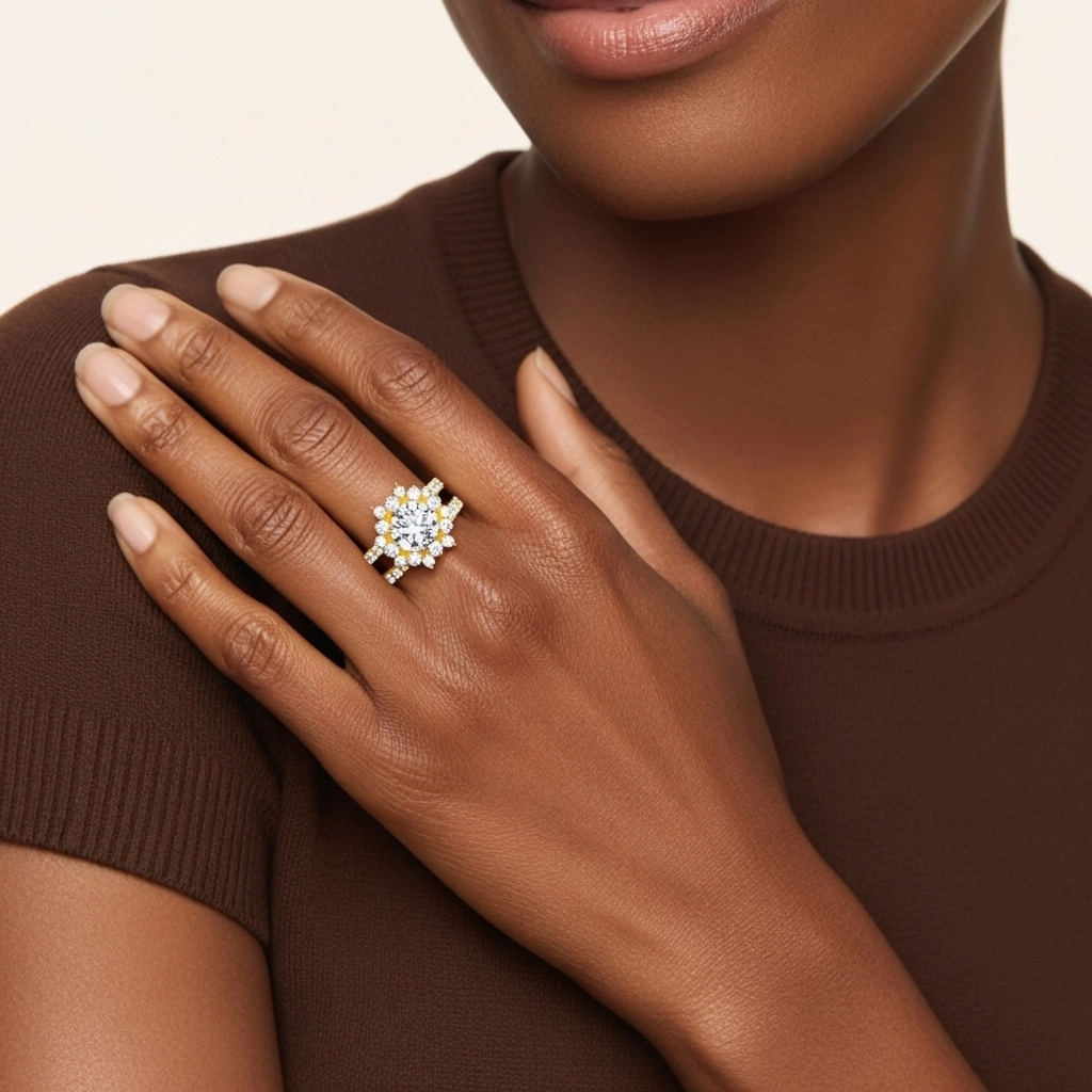 14K Gold Halo Cluster Straight Shank Wedding Ring Set