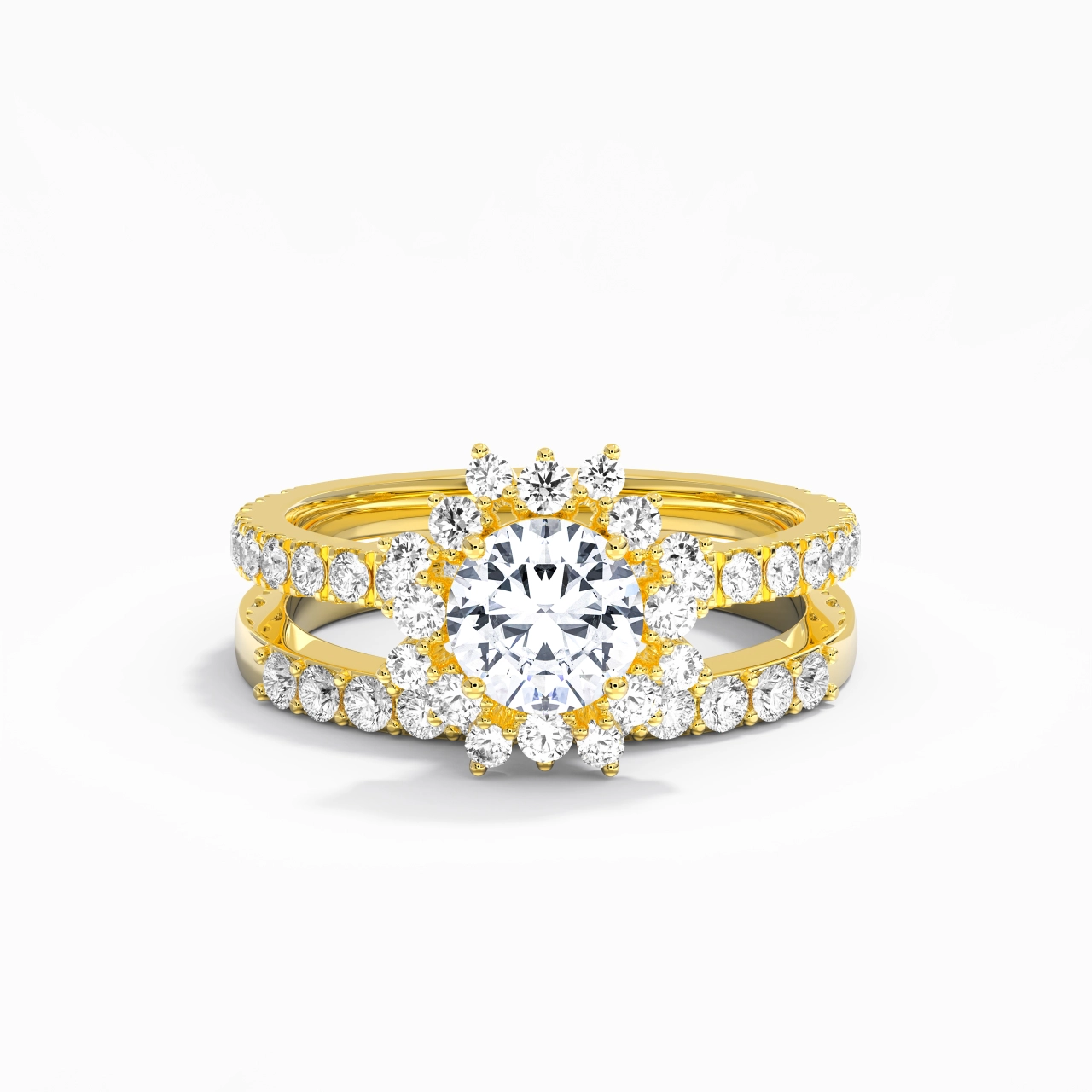14K Gold Halo Cluster Straight Shank Wedding Ring Set