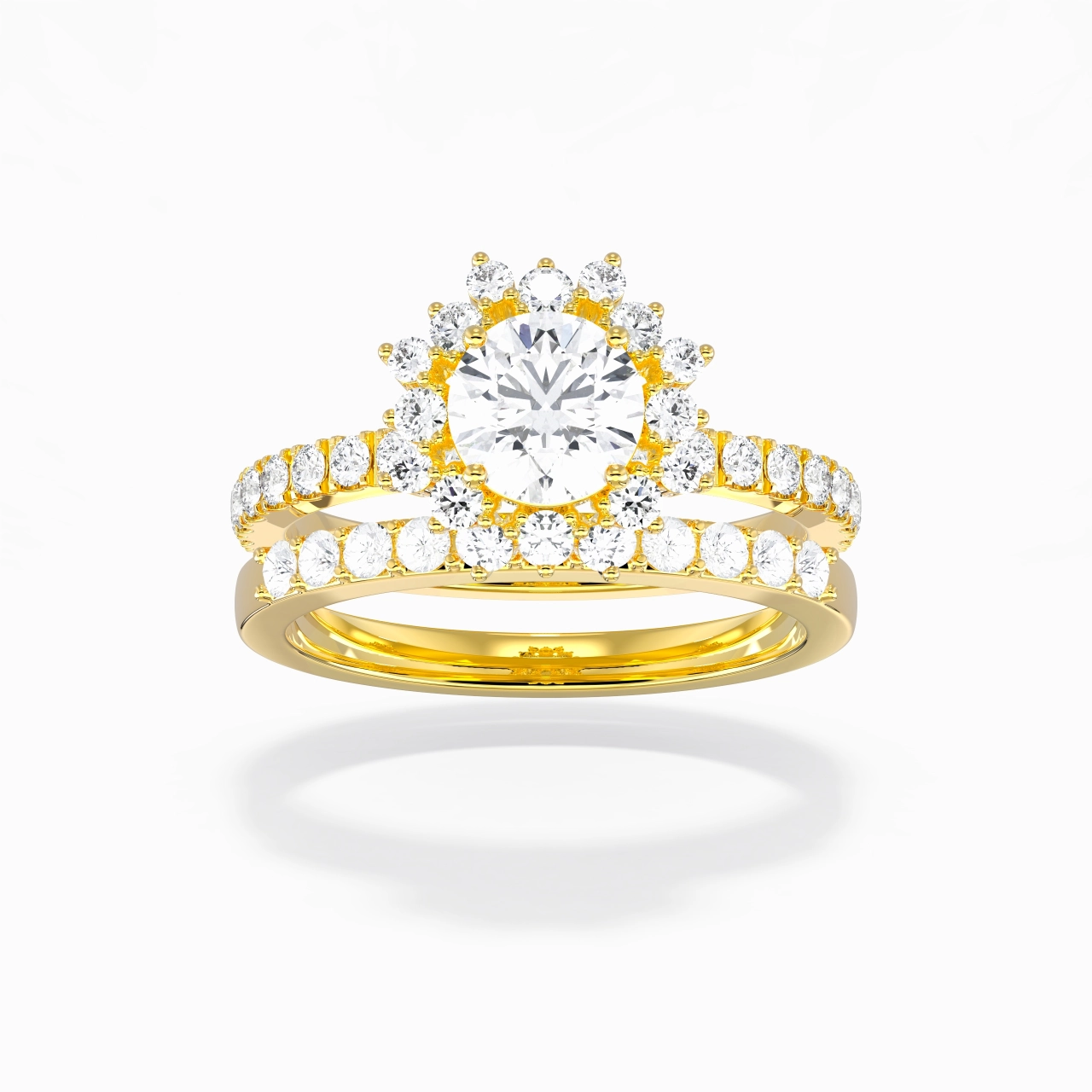 14K Gold Halo Cluster Straight Shank Wedding Ring Set