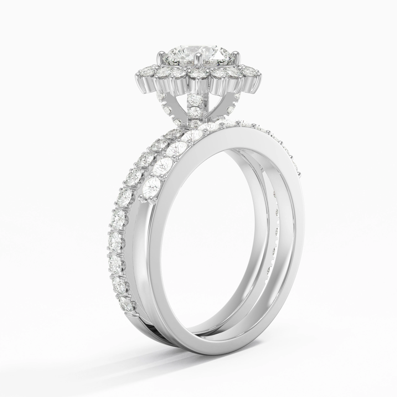 Platinum Halo Cluster Straight Shank Wedding Ring Set