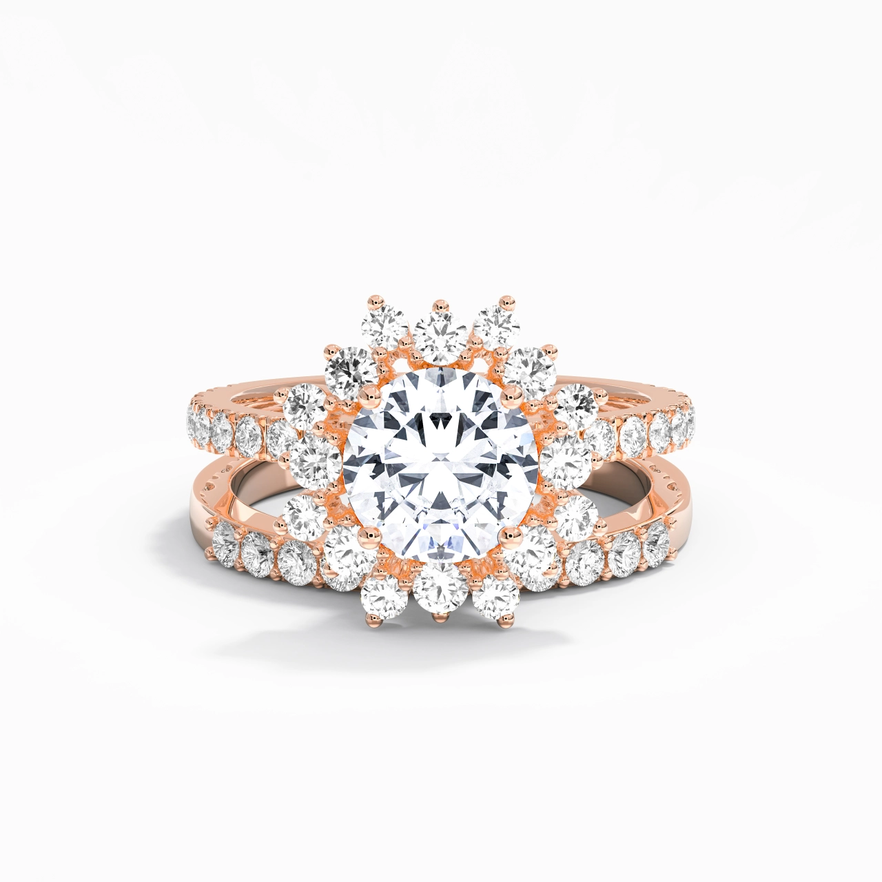 14K Rose Gold Halo Cluster Straight Shank Wedding Ring Set