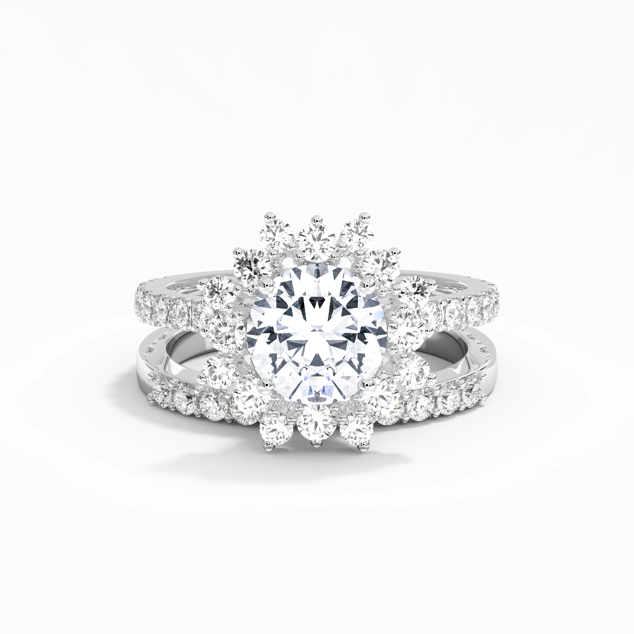 925 Sterling Silver Halo Cluster Straight Shank Wedding Ring Set