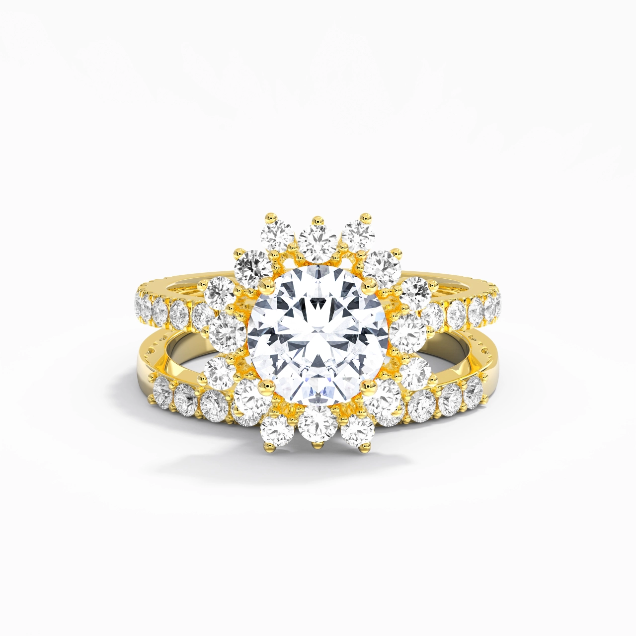 14K Gold Halo Cluster Straight Shank Wedding Ring Set