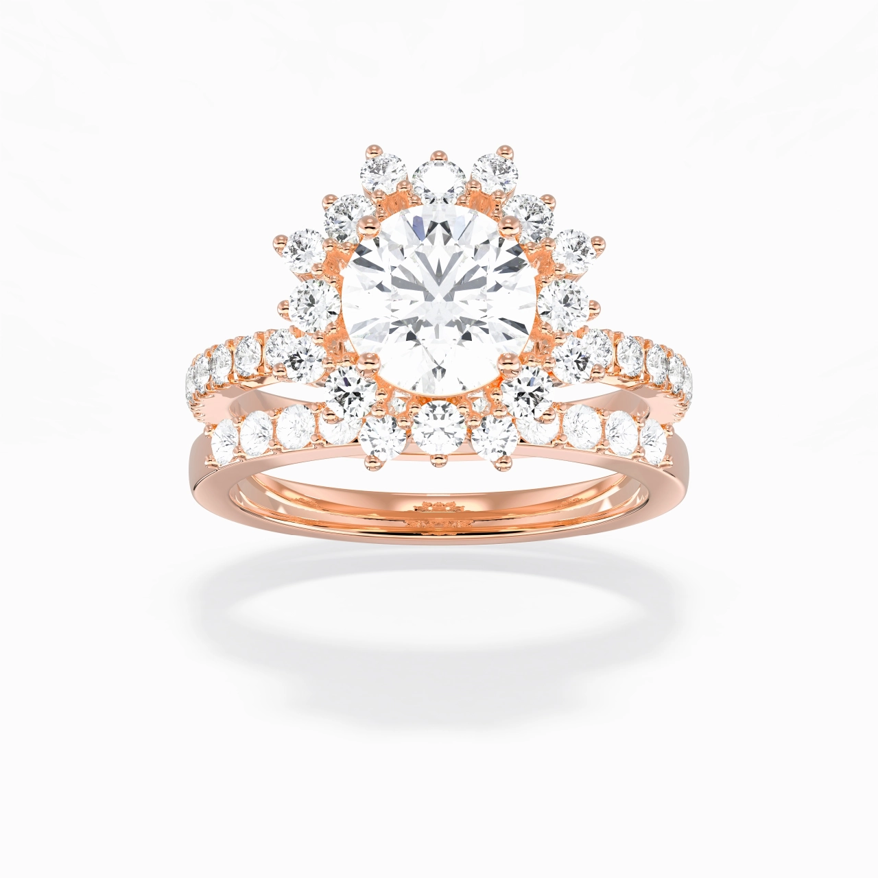 14K Rose Gold Halo Cluster Straight Shank Wedding Ring Set