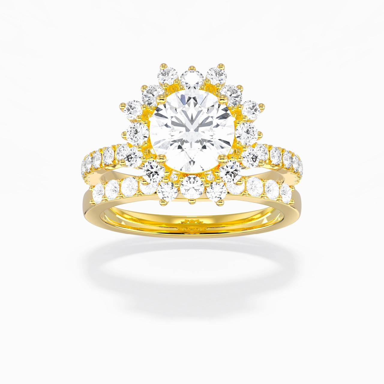 14K Gold Halo Cluster Straight Shank Wedding Ring Set