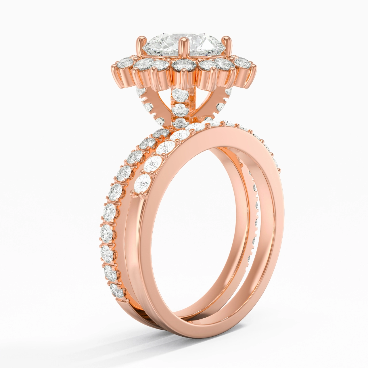 14K Rose Gold Halo Cluster Straight Shank Wedding Ring Set
