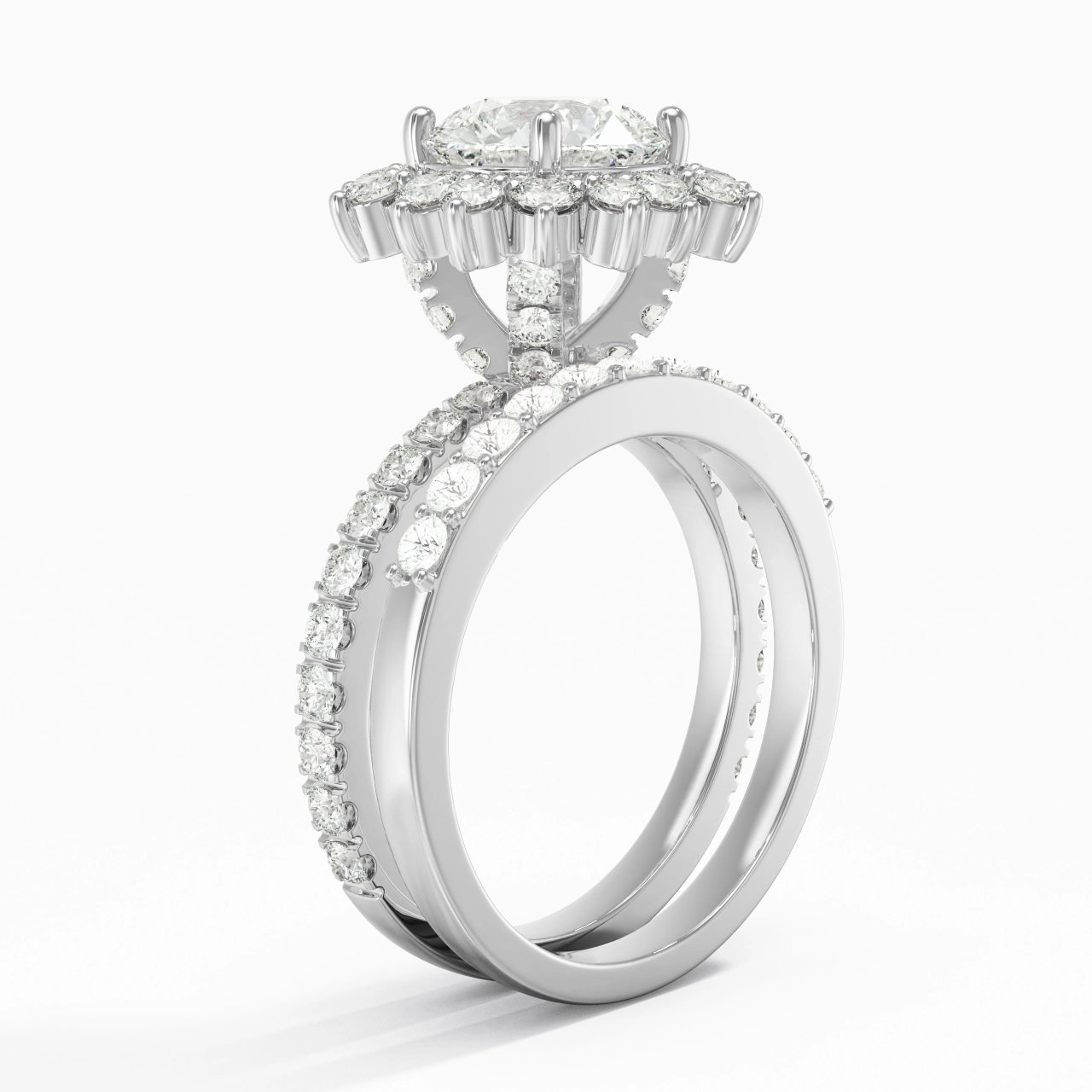 925 Sterling Silver Halo Cluster Straight Shank Wedding Ring Set