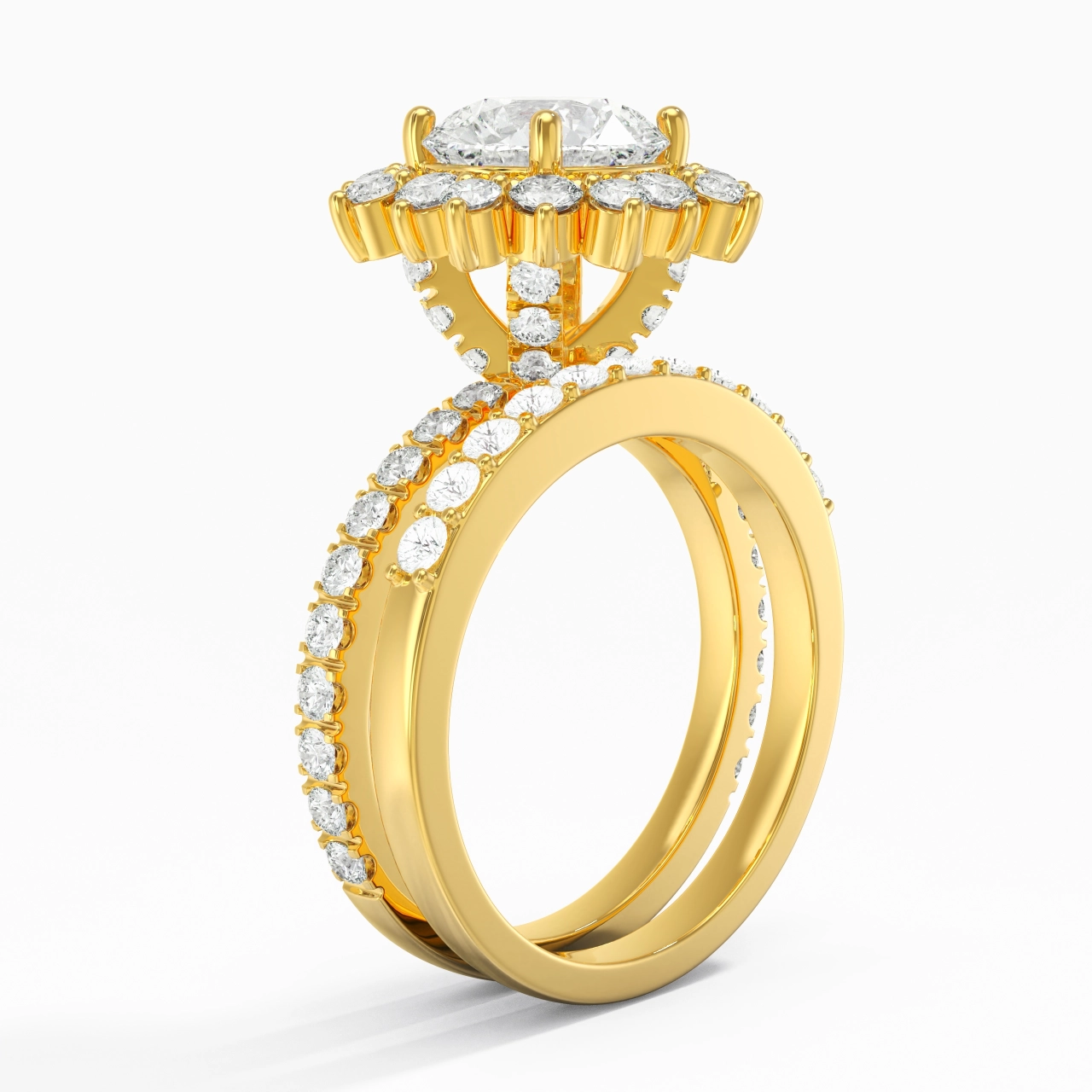 14K Gold Halo Cluster Straight Shank Wedding Ring Set