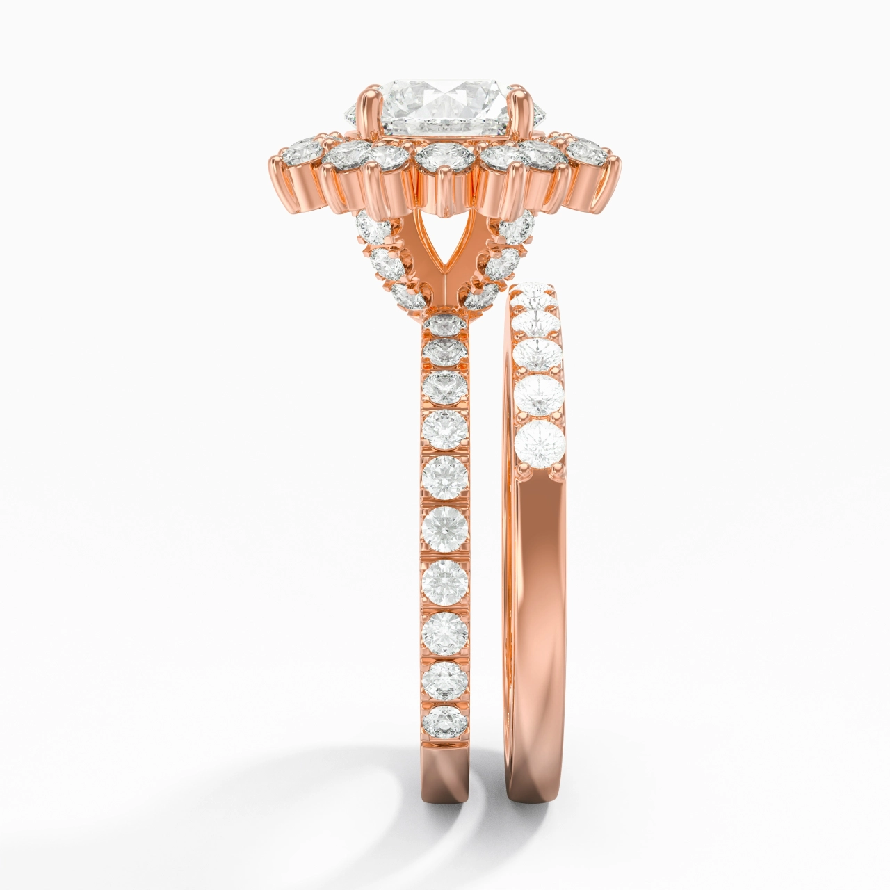 14K Rose Gold Halo Cluster Straight Shank Wedding Ring Set