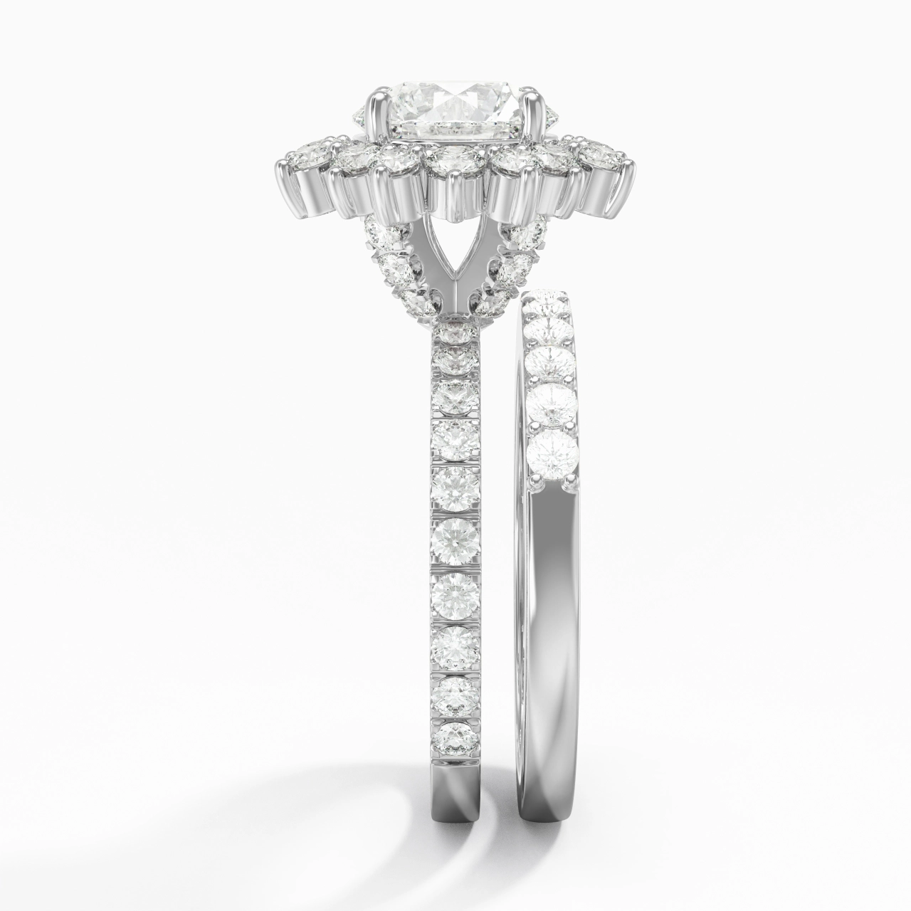 925 Sterling Silver Halo Cluster Straight Shank Wedding Ring Set
