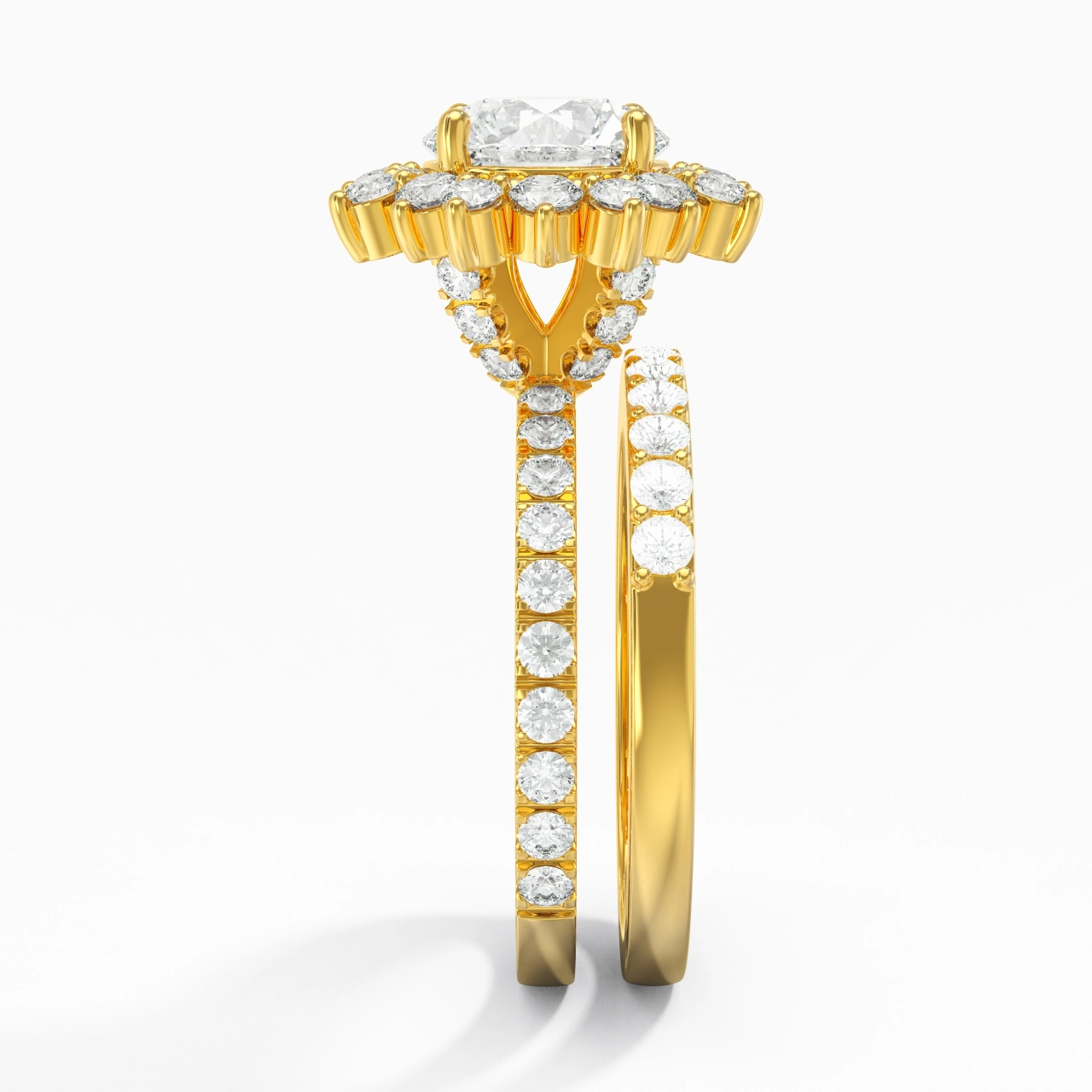 14K Gold Halo Cluster Straight Shank Wedding Ring Set