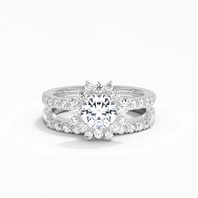 White Gold Halo Cluster Luxury 1.00ct Moissanite Wedding Ring Set Straight Shank 925 Sterling Silver