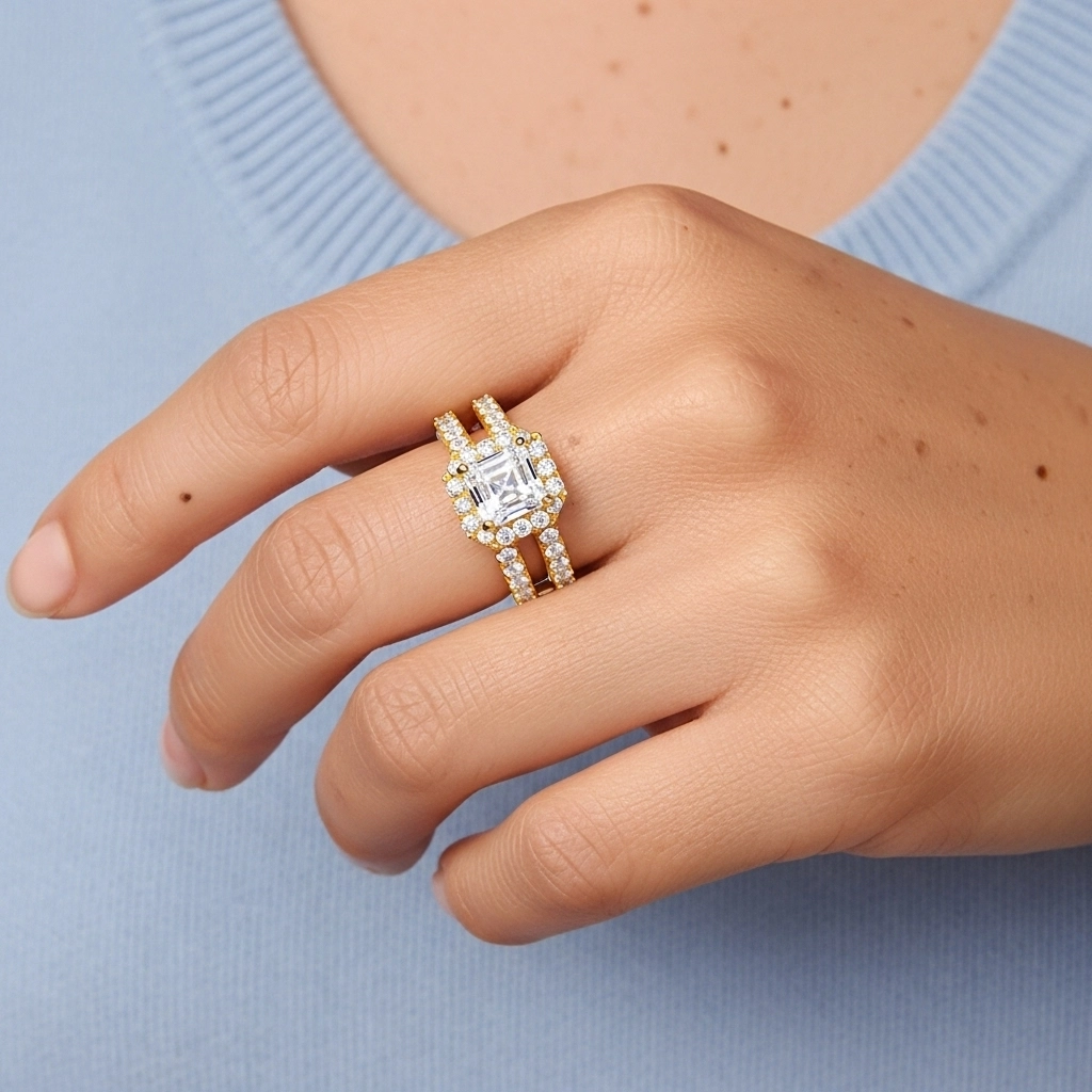 18K Gold Moissanite Wedding Ring Set