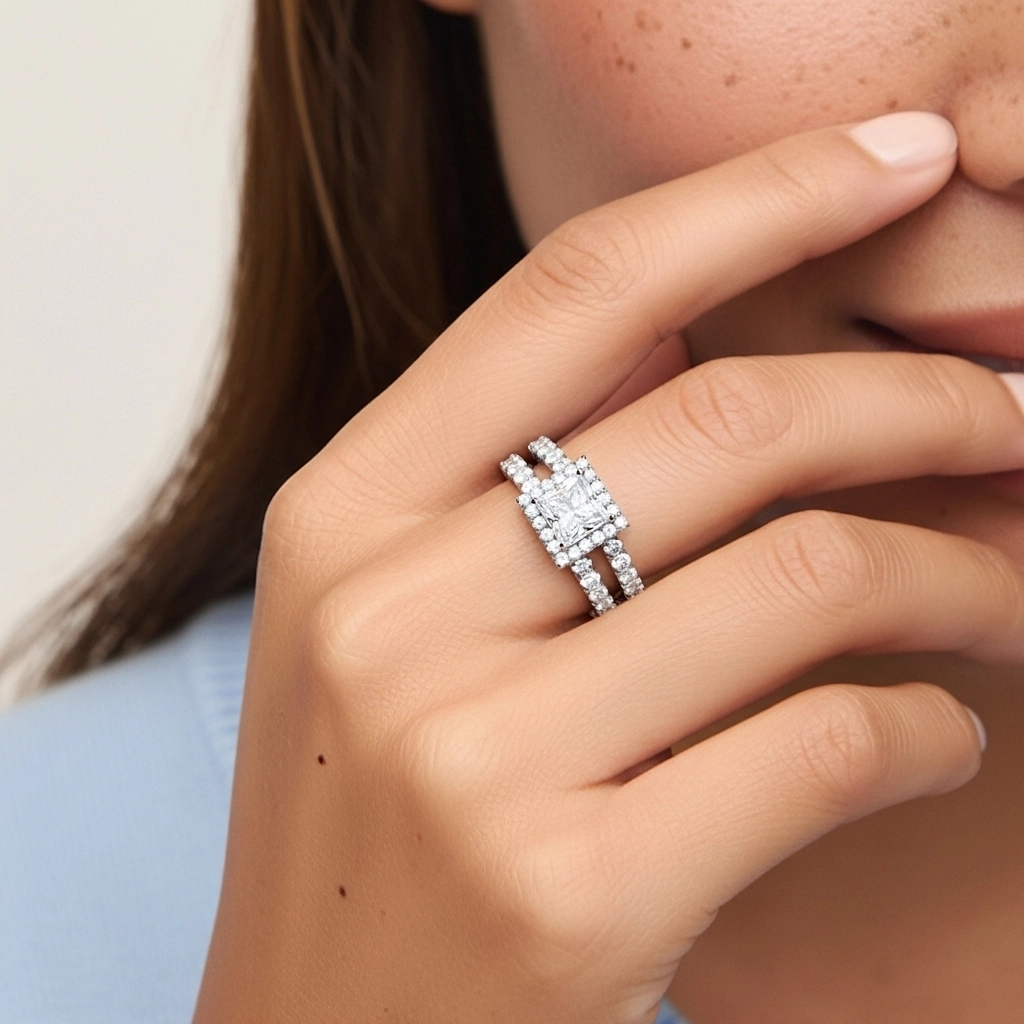 925 Sterling Silver Moissanite Wedding Ring Set