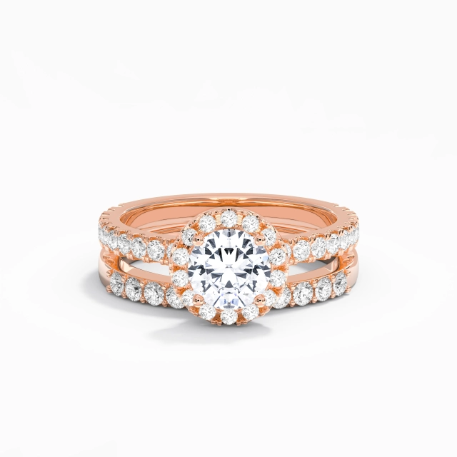 Plata esterlina 925 Aro de halo Pavé Personalizado Conjunto de Anillos de Boda Pulido Chapado Oro Rosa 18K Antiguo Redondo Moissanita 1.00ct Pata recta