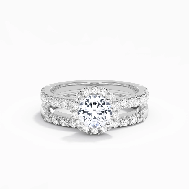 Platinum Halo Pavé Custom Wedding Ring Set Polish Antique Round Moissanite 1.00ct Straight Shank