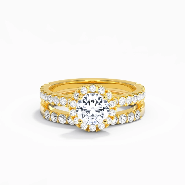 Argent sterling 925 Halo Pavé Coutume Ensemble d'alliances Polonais Placage Or jaune 18 carats Antique Rond Moissanite 1.00ct Tige Droite Argent sterling 925 Halo Pavé Coutume Ensemble d'alliances Polonais Placage Or jaune 18 carats Antique Rond Moissanite 1.00ct Tige Droite