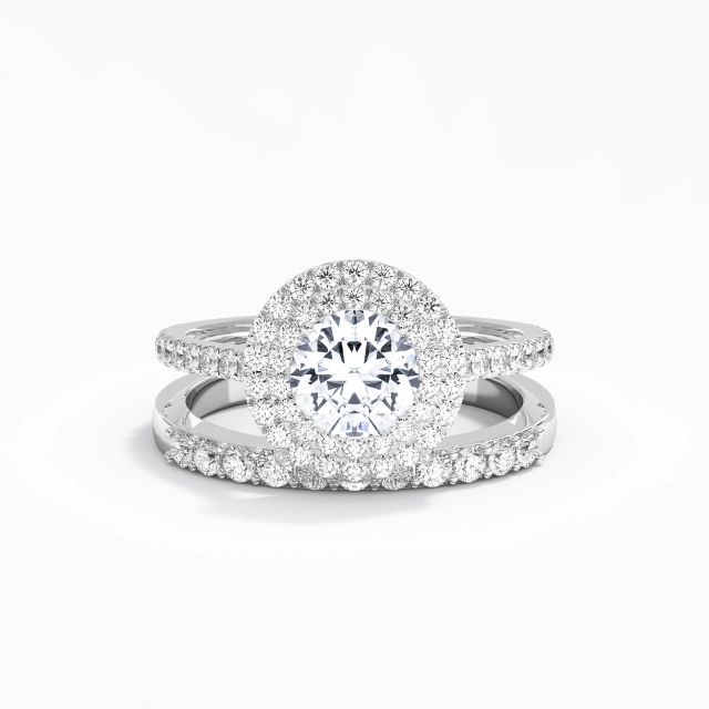 1.00ct Round Moissanite Wedding Ring Set 925 Sterling Silver Double Halo Art Deco Straight Shank