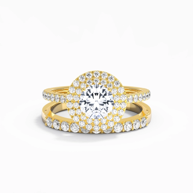 1.00ct Round Moissanite Wedding Ring Set 14K Gold Double Halo Art Deco Straight Shank