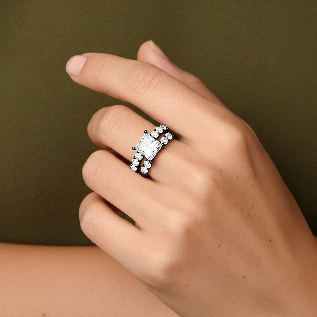 Argent sterling 925 Pavé Tige Traditionnelle Ensemble d'alliances