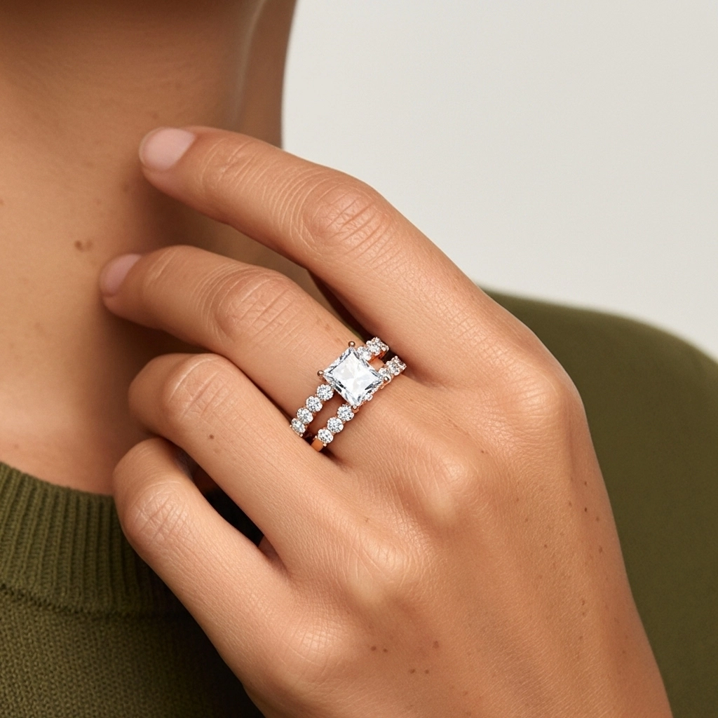 925 Sterling Silver Pavé Traditional Shank Wedding Ring Set