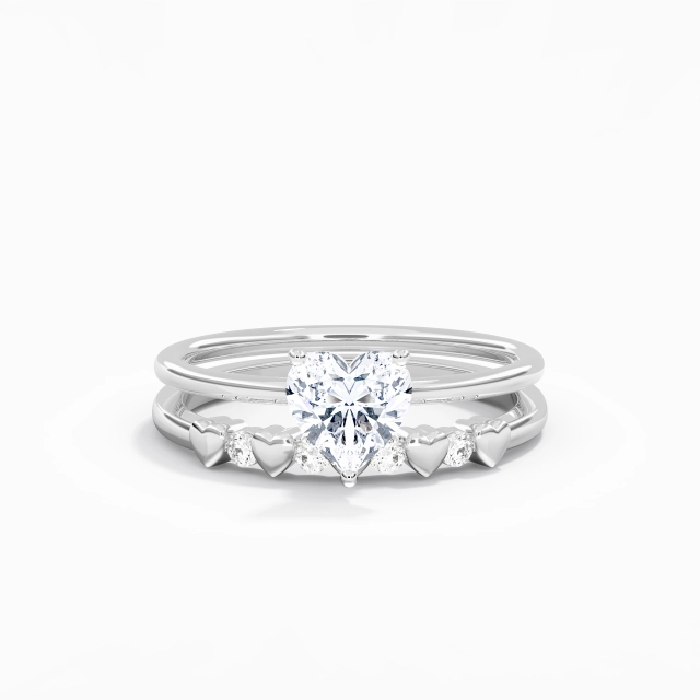 Traditional Shank Understated Hidden Halo Wedding Ring Set Moissanite 1.00ct Heart 925 Sterling Silver
