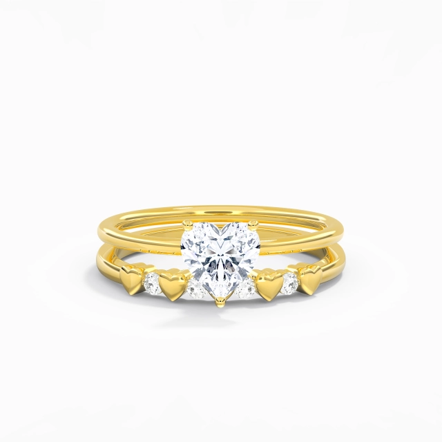 Traditional Shank Understated Hidden Halo Wedding Ring Set Moissanite 1.00ct Heart 14K Gold
