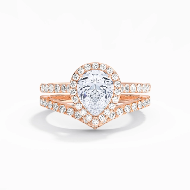 Vintage Oro Rosa 18K Chapado Plata esterlina 925 Conjunto de Anillos de Boda Pera Blanco Aro de halo Gótico Pata recta