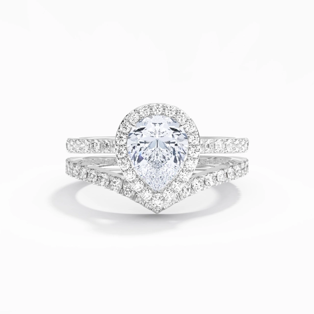 Vintage White Gold Plating 925 Sterling Silver Wedding Ring Set Pear White Halo Cathedral Straight Shank