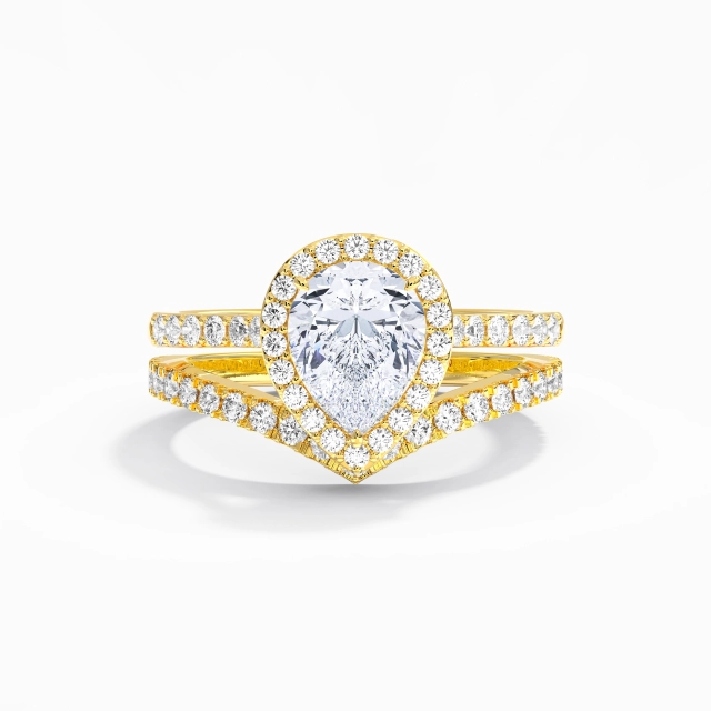 Vintage 14K Gold Wedding Ring Set Pear White Halo Cathedral Straight Shank