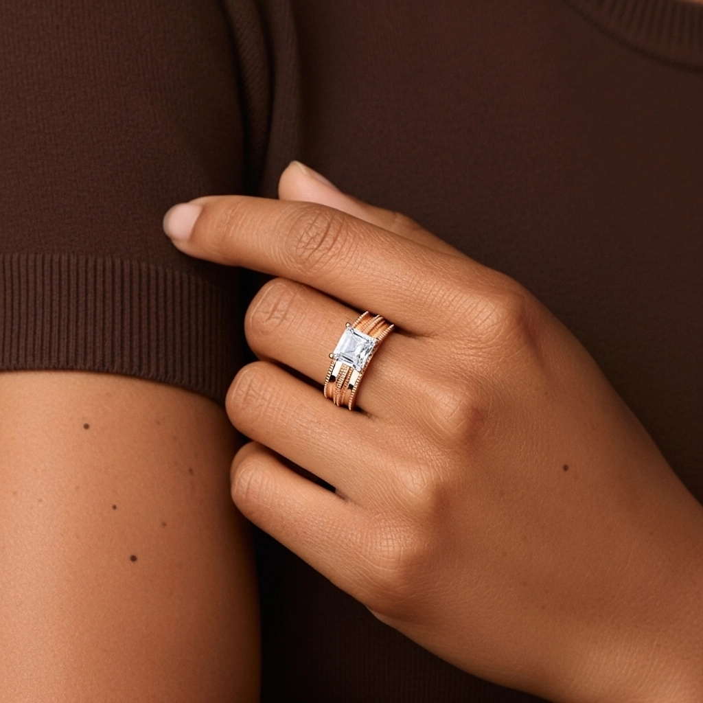 Or rose 14 carats Moissanite Ensemble nuptial