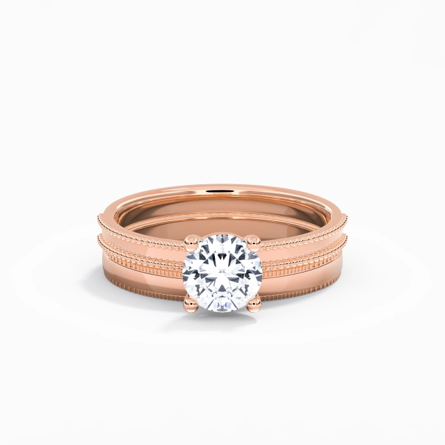 14K Rose Gold Solitaire Custom Bridal Set Polish Wide Beaded Milgrain Round Moissanite 1.00ct Straight Shank