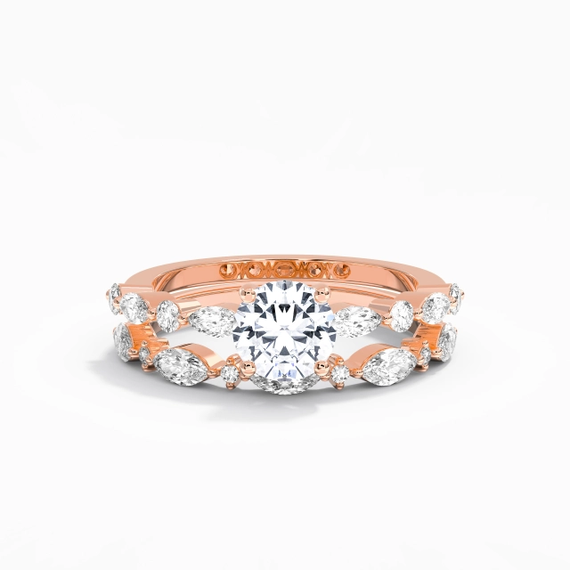 Blanco Redondo Personalizado Conjunto de Anillos de Boda Oro rosa 14K Pavé Delicado Mujer