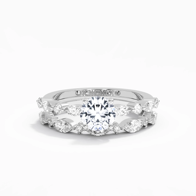 White Round Custom Wedding Ring Set 14K White Gold Pavé Delicate Women