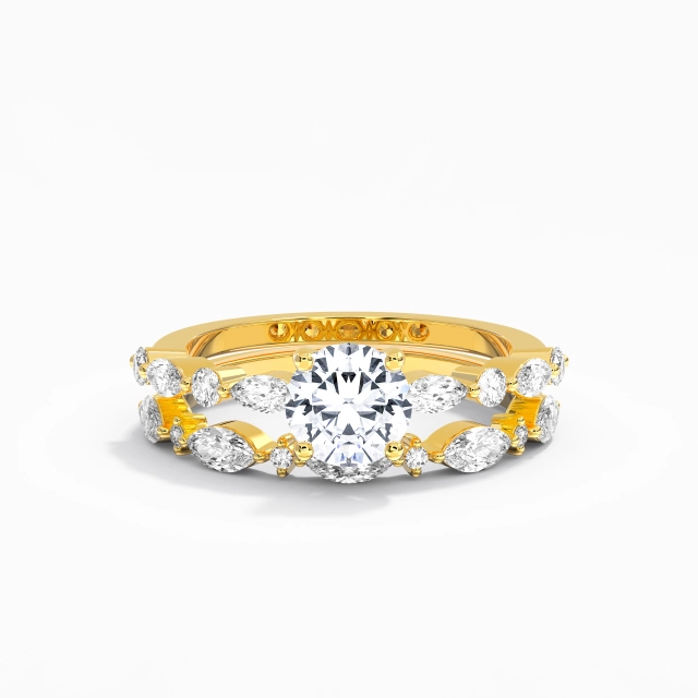 White Round Custom Wedding Ring Set 14K Gold Pavé Delicate Women