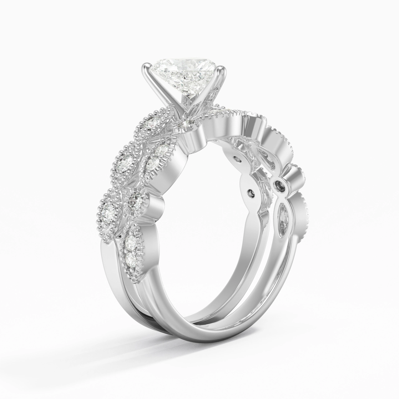 Antique Heart 1.00ct Moissanite Wedding Ring Set
