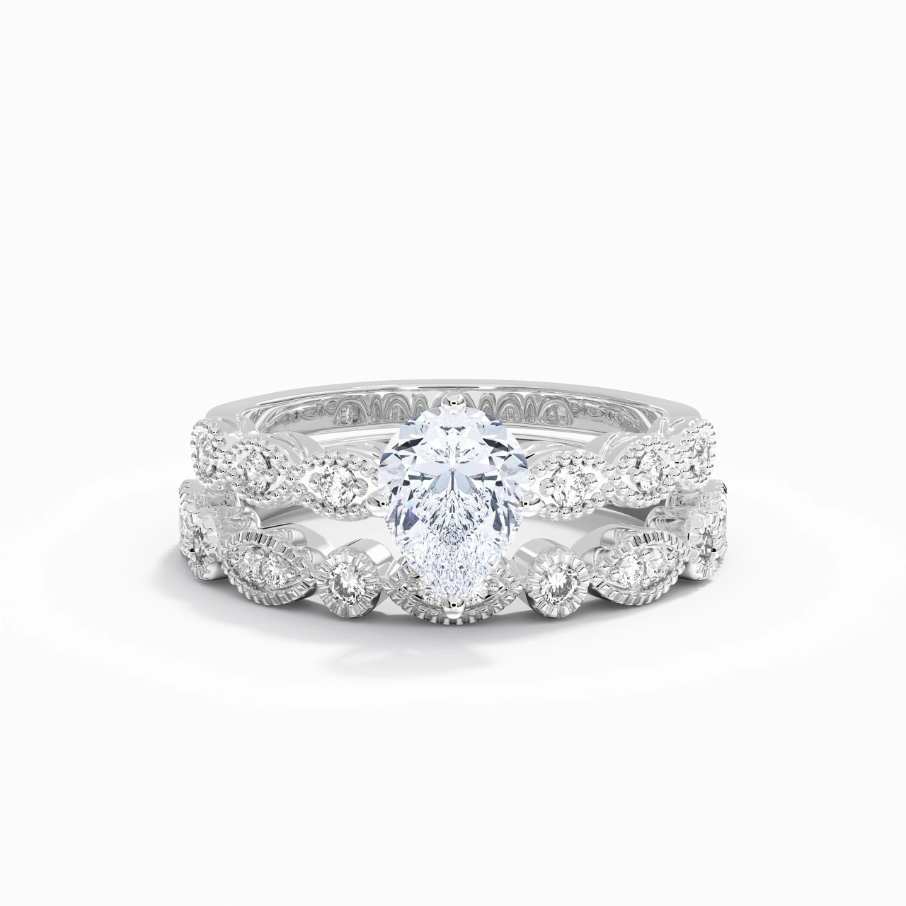 Antique Pear 2.00ct Moissanite Wedding Ring Set
