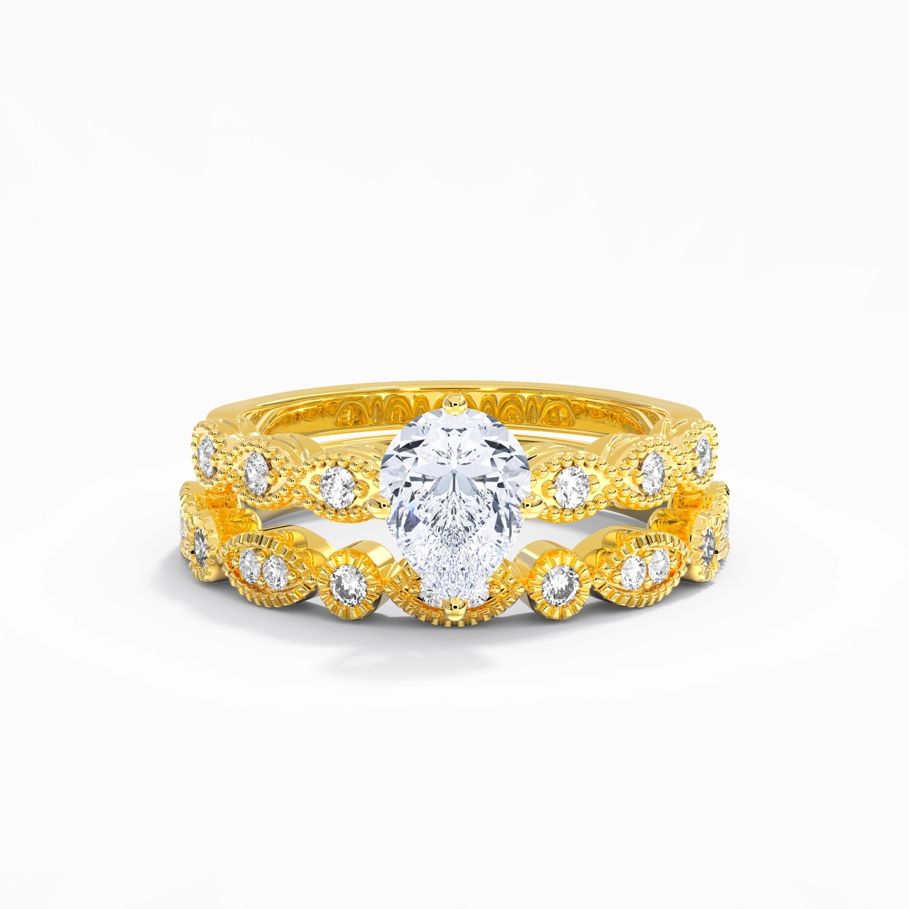 Antique Pear 2.00ct Moissanite Wedding Ring Set